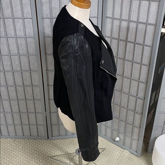 Andree Blue Chic Black Leather and Fabric Jacket, Size Medium - Picture 2 of 9